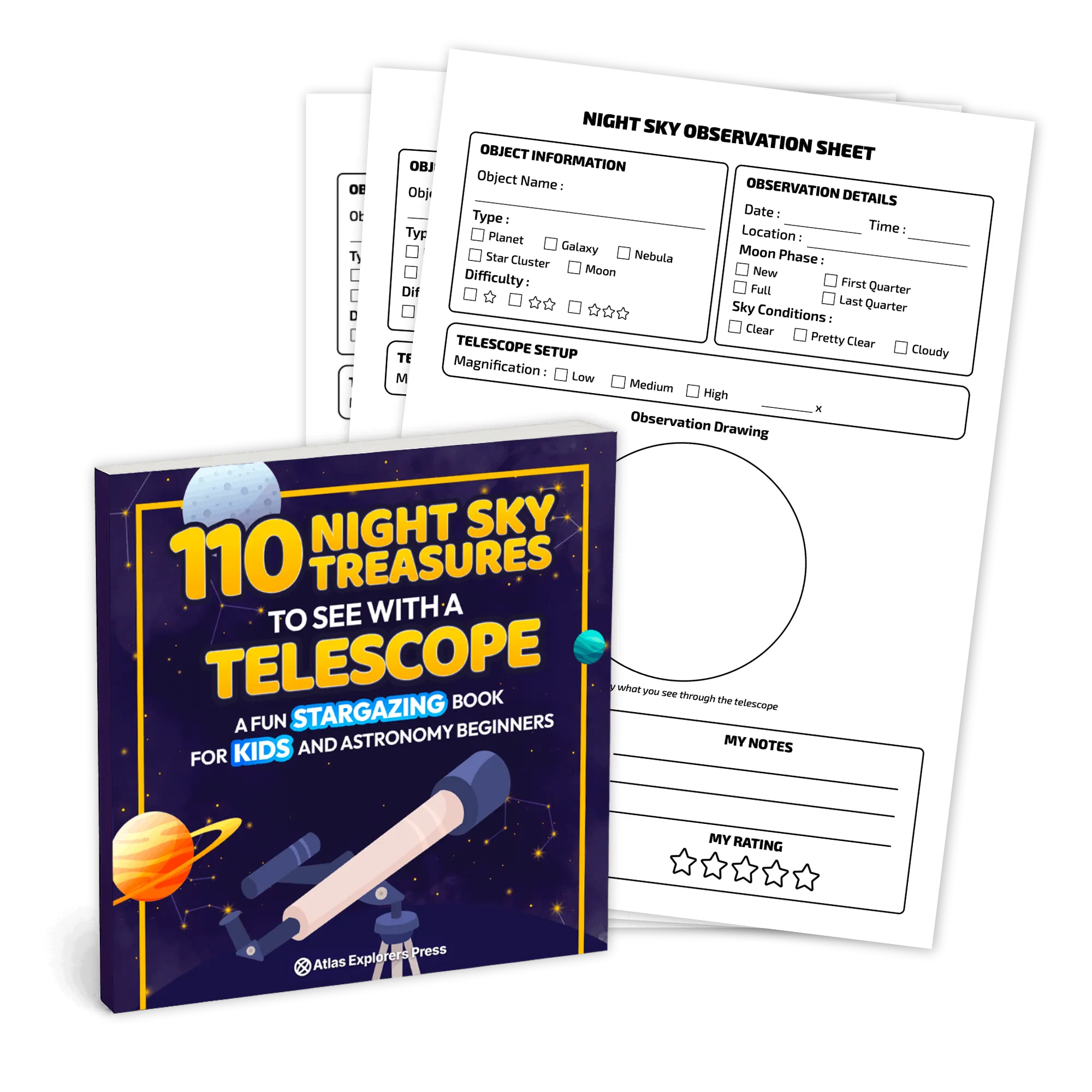 110 Night Sky Treasures to see with a Telescope, next to the printable night sky observation sheet