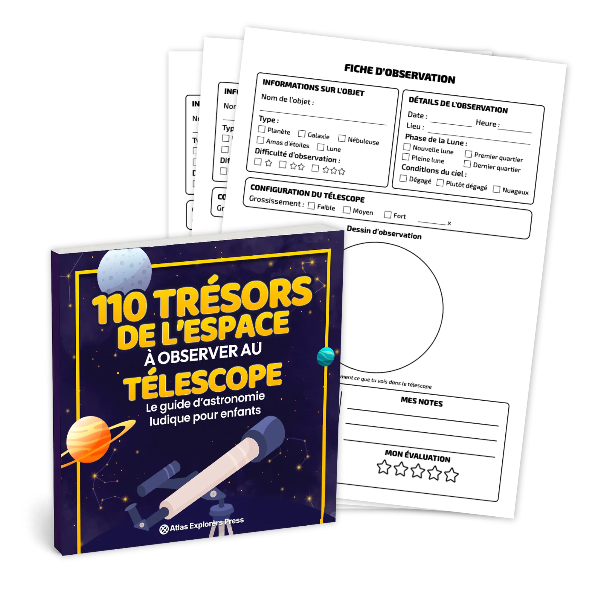 110 Trésors de l’Espace à Observer au Télescope, à côté de la fiche d’observation à imprimer
