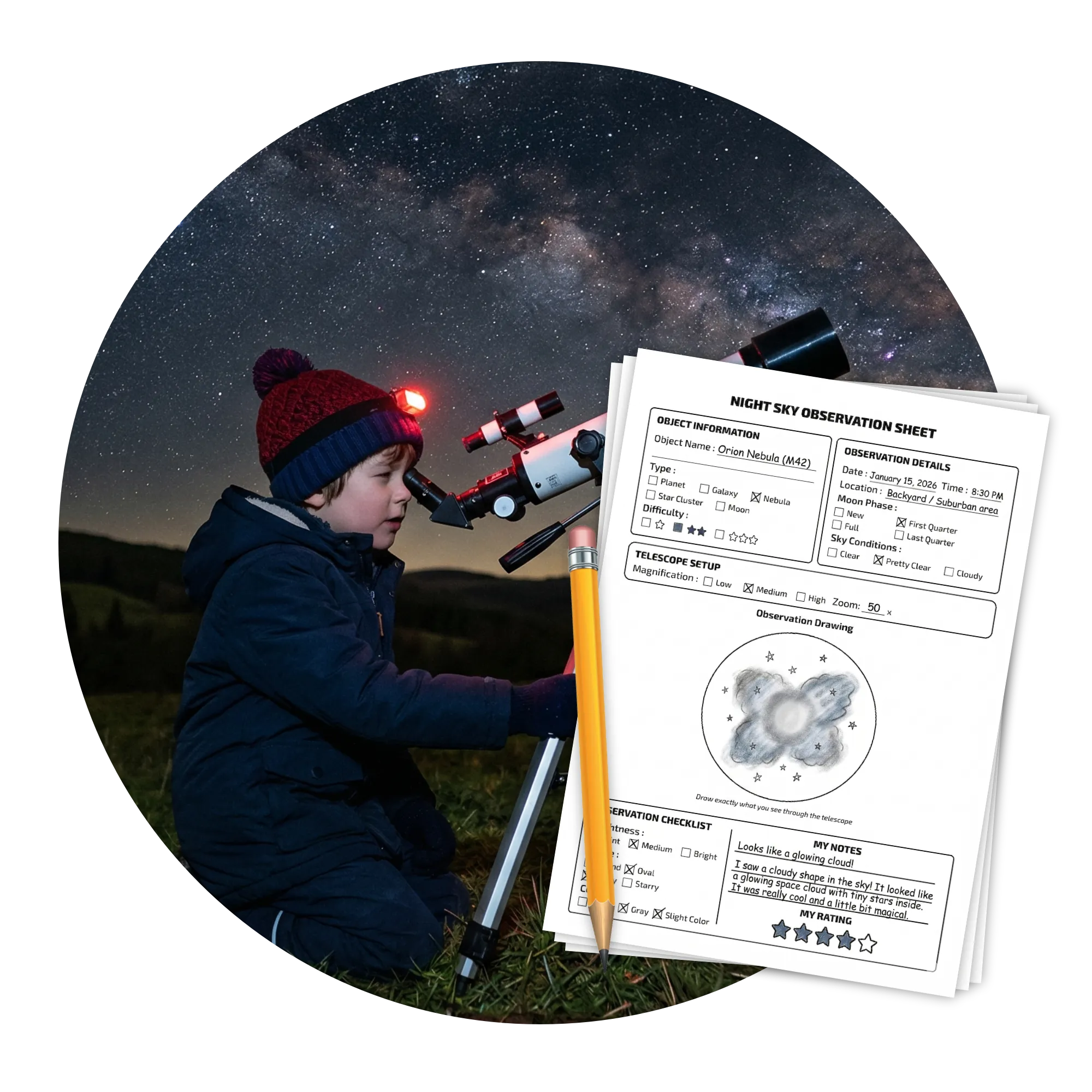 Preview of the printable night sky observation sheet